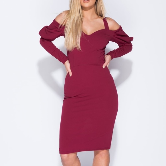 Long Sleeve Midi Cold Shoulder Dress - Picture 1 of 6